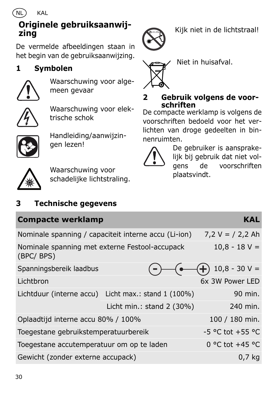 Originele gebruiksaanwij- zing | Festool KAL User Manual | Page 30 / 79