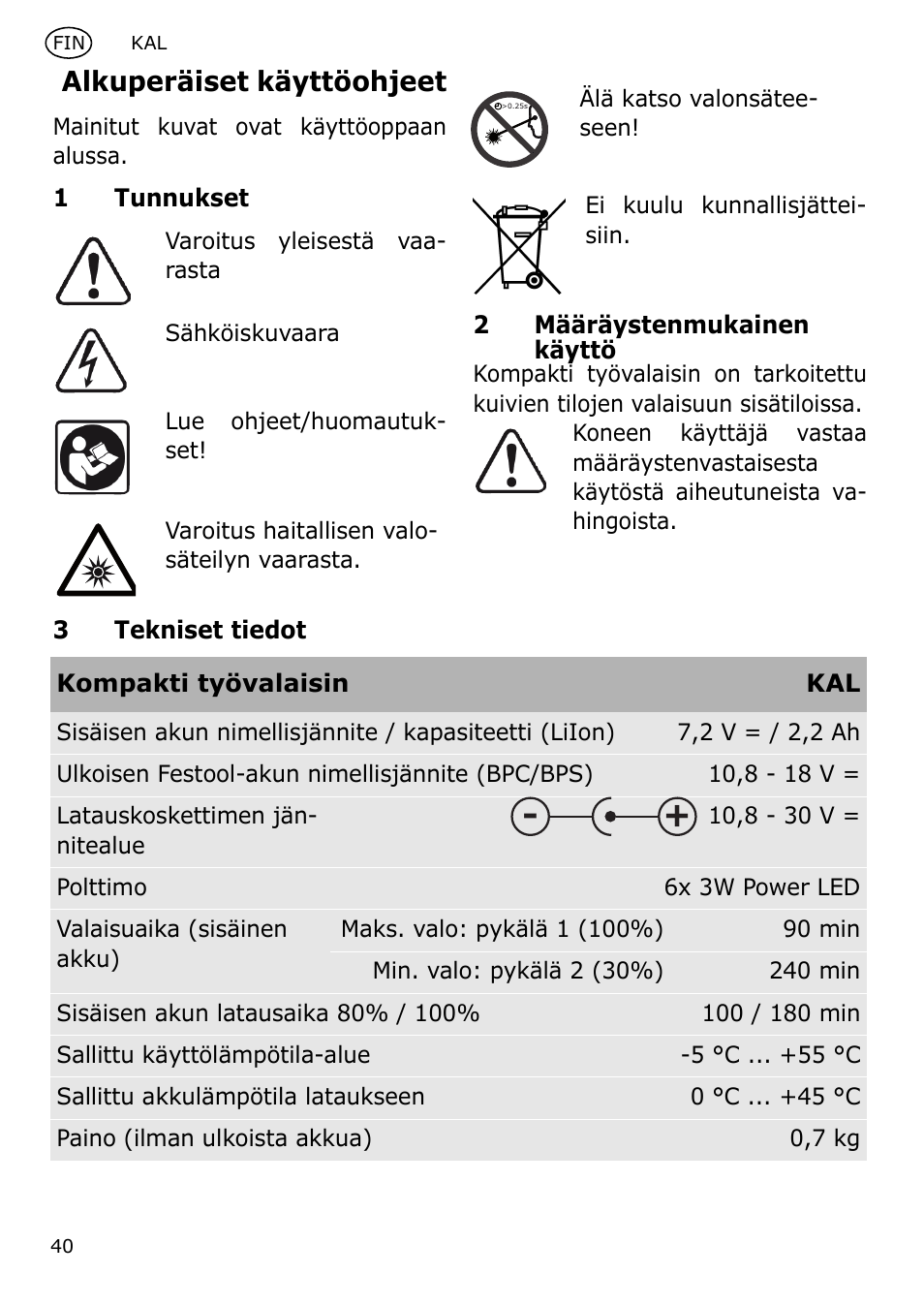 Alkuperäiset käyttöohjeet | Festool KAL User Manual | Page 40 / 79