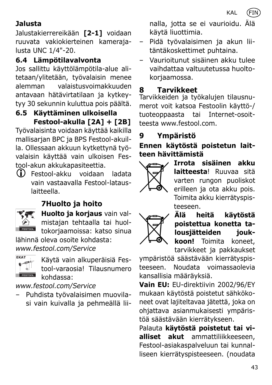 7huolto ja hoito, 8tarvikkeet, 9ympäristö | Festool KAL User Manual | Page 43 / 79