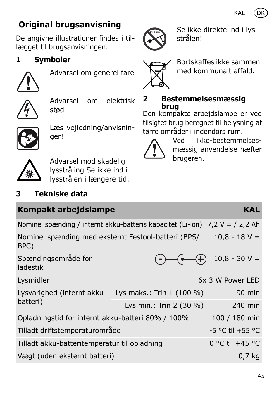 Original brugsanvisning | Festool KAL User Manual | Page 45 / 79