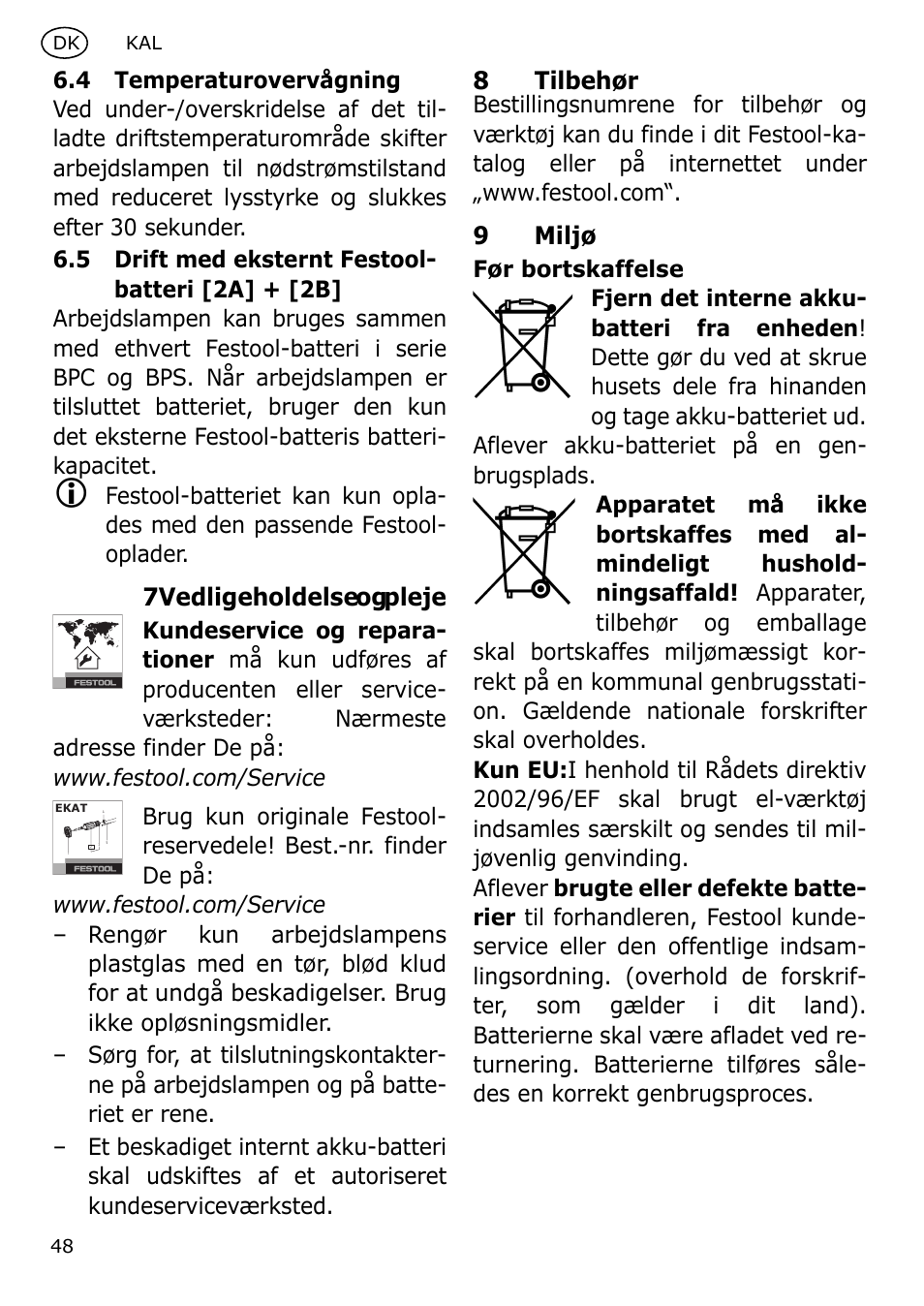 7vedligeholdelse og pleje, 8tilbehør, 9miljø | Festool KAL User Manual | Page 48 / 79