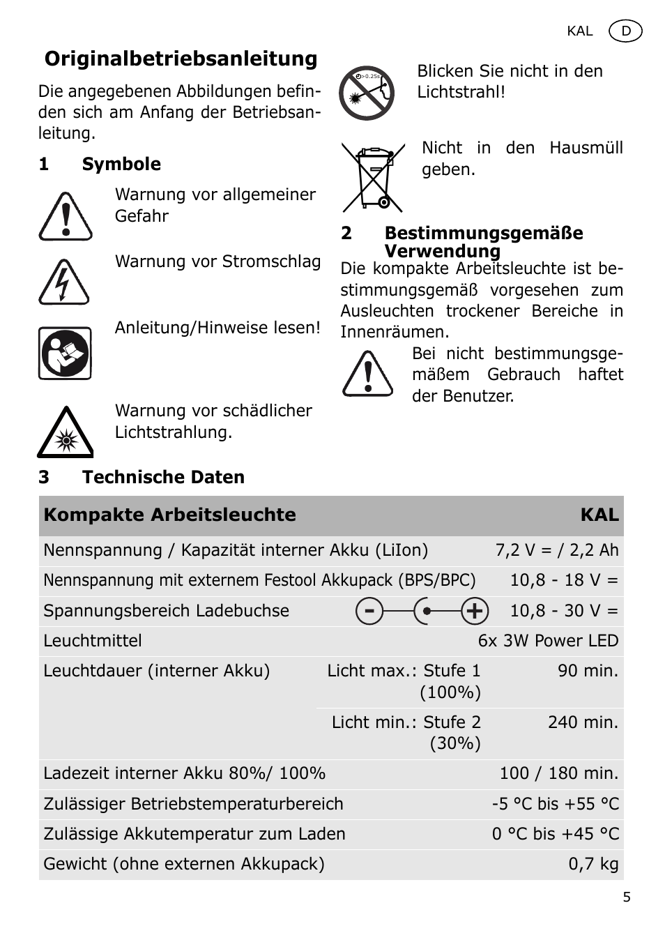 Originalbetriebsanleitung | Festool KAL User Manual | Page 5 / 79