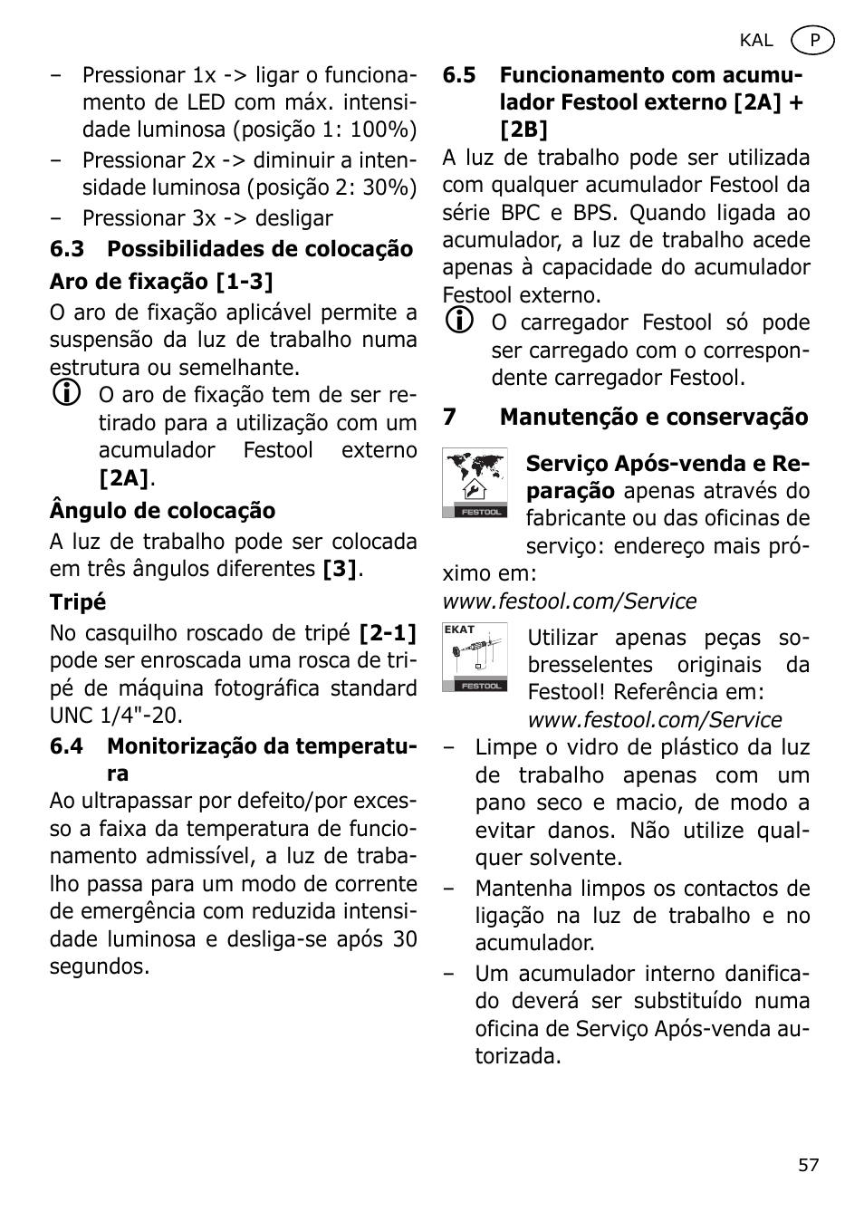 7manutenção e conservação | Festool KAL User Manual | Page 57 / 79