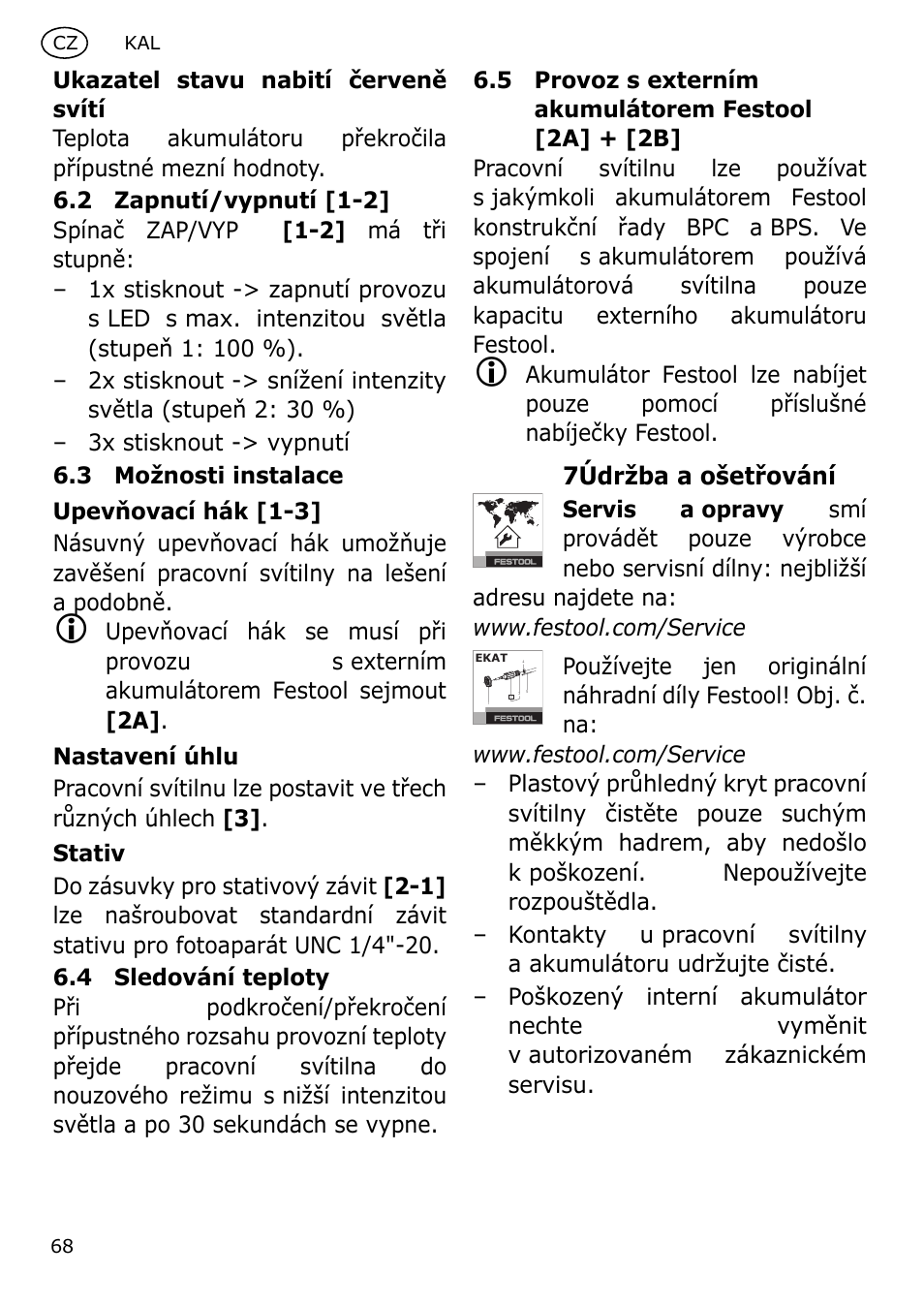 7údržba a ošetřování | Festool KAL User Manual | Page 68 / 79