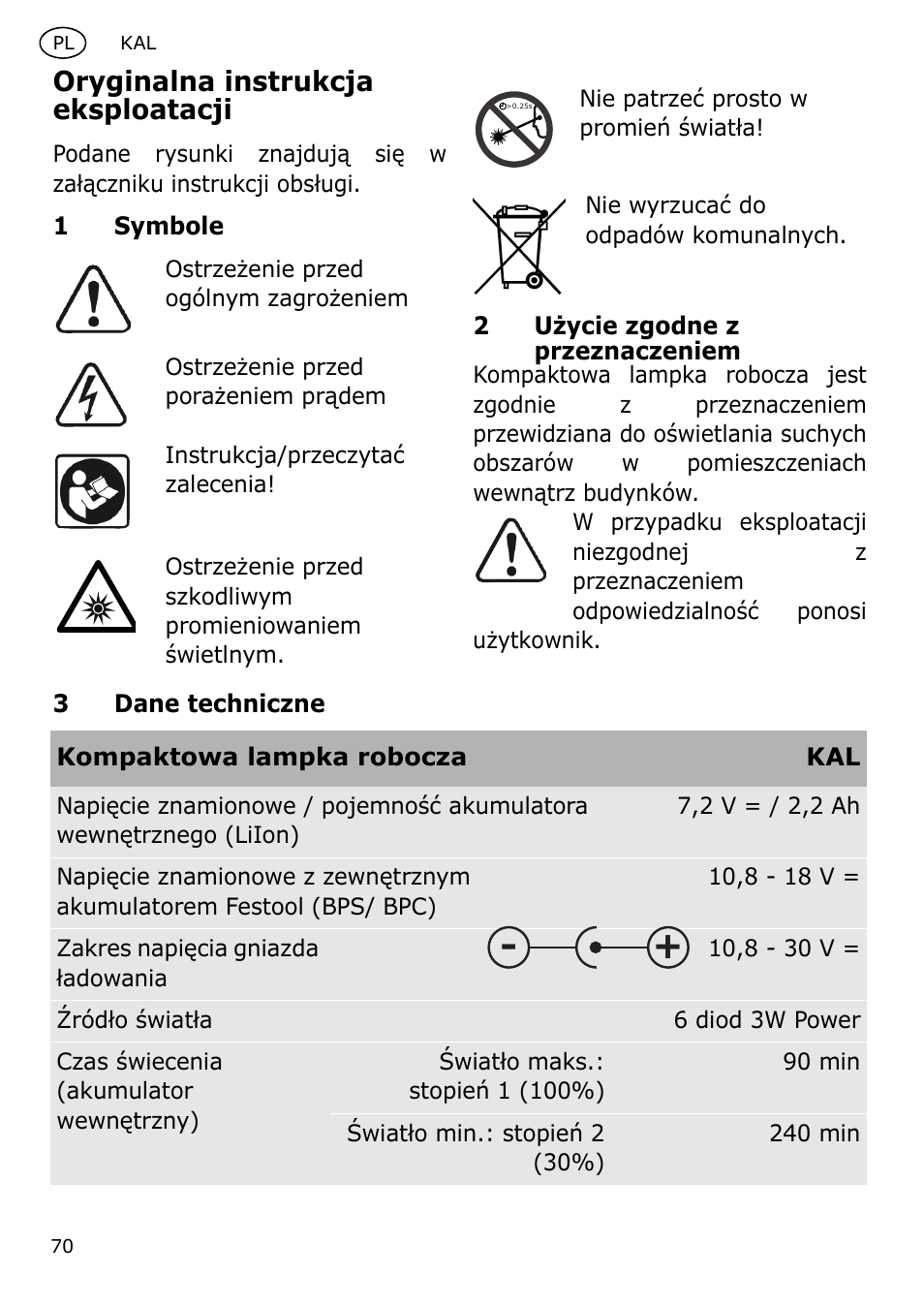 Oryginalna instrukcja eksploatacji | Festool KAL User Manual | Page 70 / 79