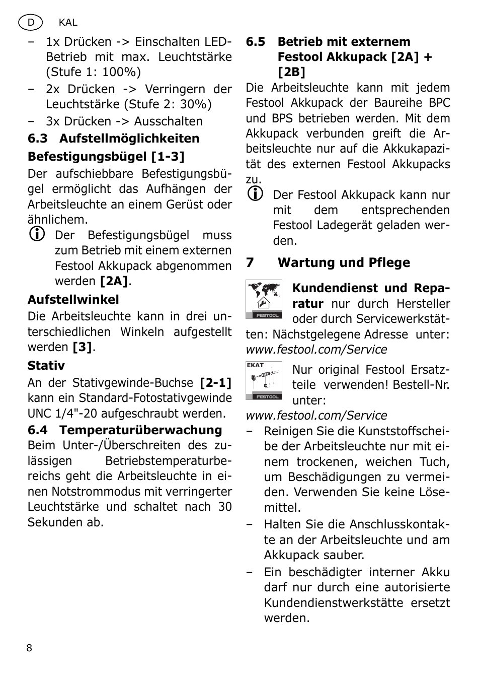 7wartung und pflege | Festool KAL User Manual | Page 8 / 79