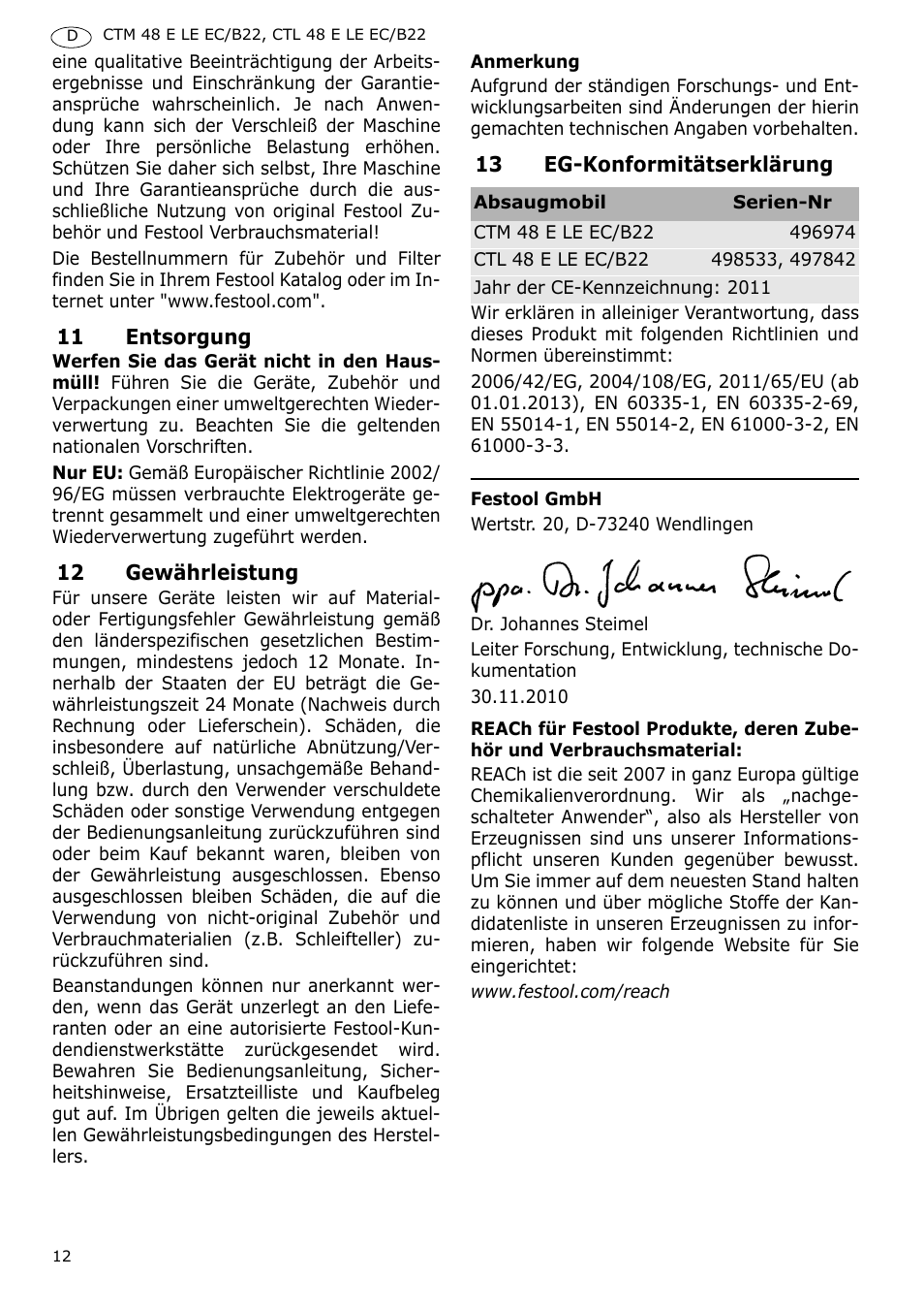 Festool CTM 48 E-LE-AC B22 CLEANTEX User Manual | Page 12 / 110