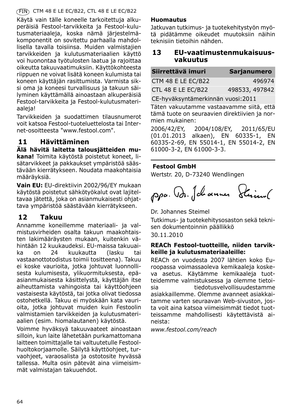 Festool CTM 48 E-LE-AC B22 CLEANTEX User Manual | Page 64 / 110