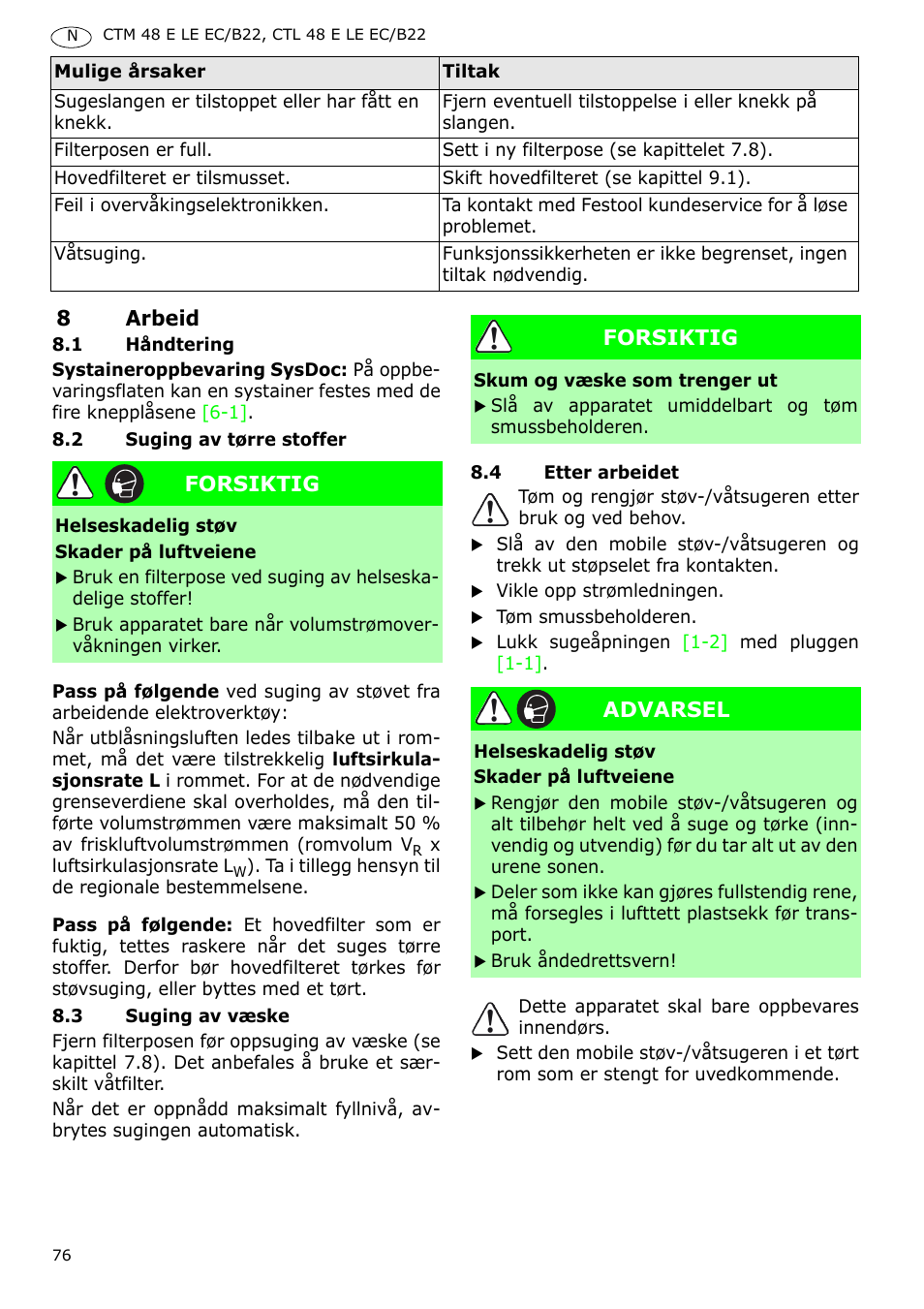 Festool CTM 48 E-LE-AC B22 CLEANTEX User Manual | Page 76 / 110
