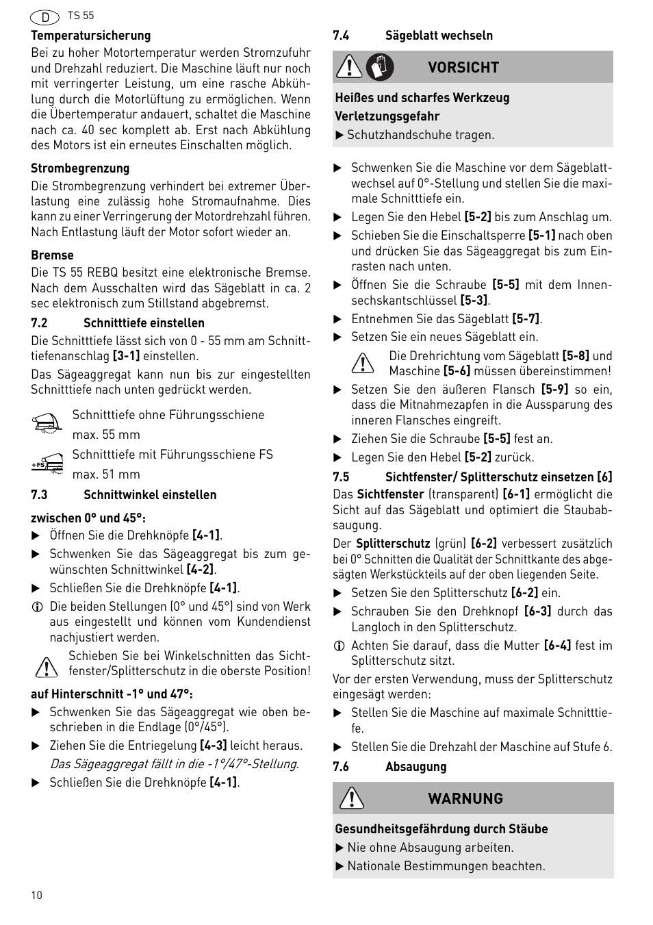 Vorsicht, Warnung | Festool TS 55 R User Manual | Page 10 / 116