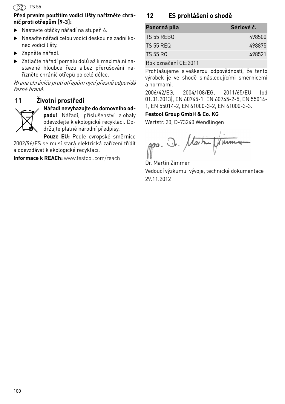 Životní prostředí, Es prohlášení o shodě | Festool TS 55 R User Manual | Page 100 / 116