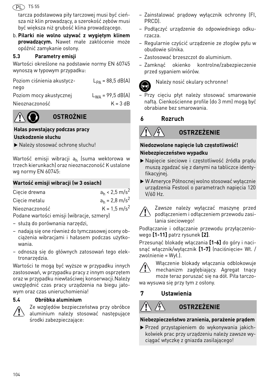 Rozruch, Ustawienia | Festool TS 55 R User Manual | Page 104 / 116