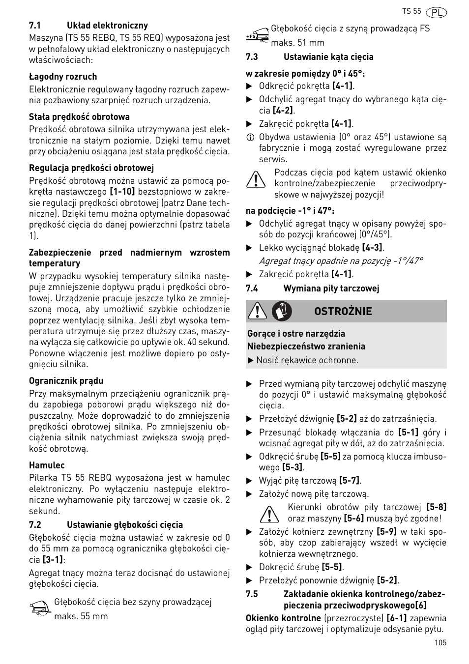 Ostrożnie | Festool TS 55 R User Manual | Page 105 / 116