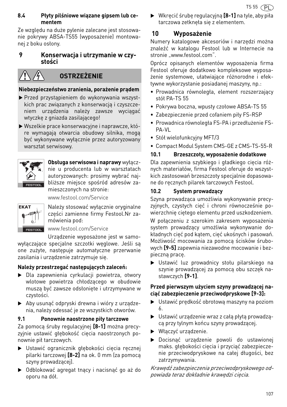 Konserwacja i utrzymanie w czystości, 10 wyposażenie, 9konserwacja i utrzymanie w czy- stości | Ostrzeżenie | Festool TS 55 R User Manual | Page 107 / 116