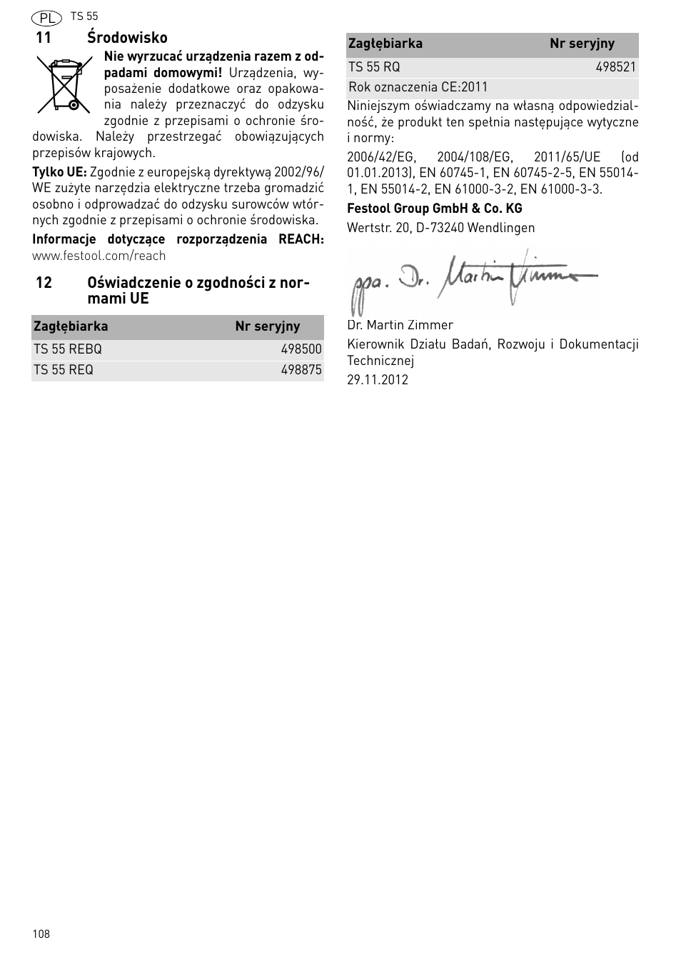 11 środowisko, 12 oświadczenie o zgodności z normami ue 108 | Festool TS 55 R User Manual | Page 108 / 116