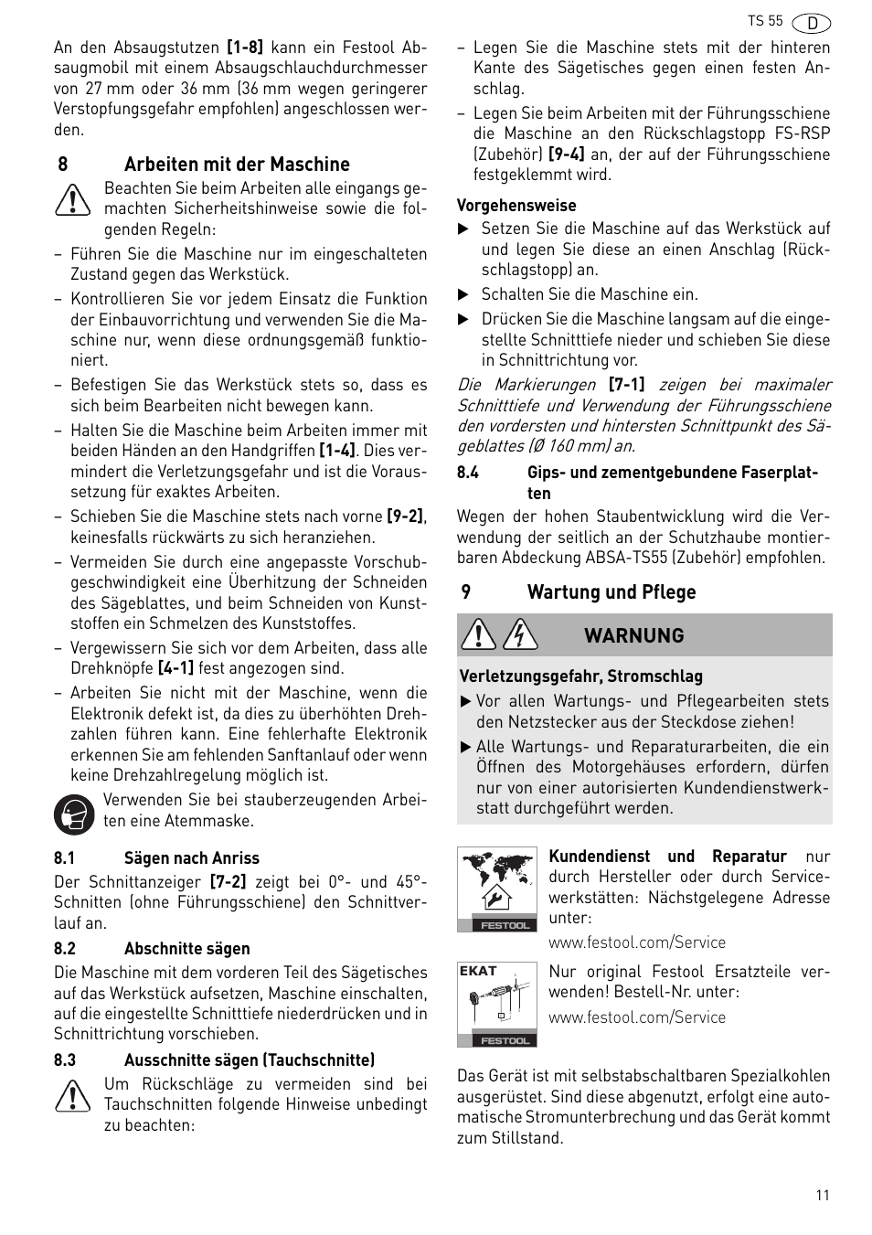 Arbeiten mit der maschine, Wartung und pflege, 8arbeiten mit der maschine | 9wartung und pflege, Warnung | Festool TS 55 R User Manual | Page 11 / 116