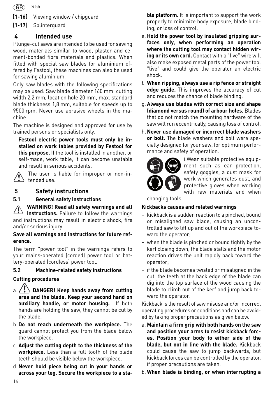 Intended use, Safety instructions | Festool TS 55 R User Manual | Page 14 / 116