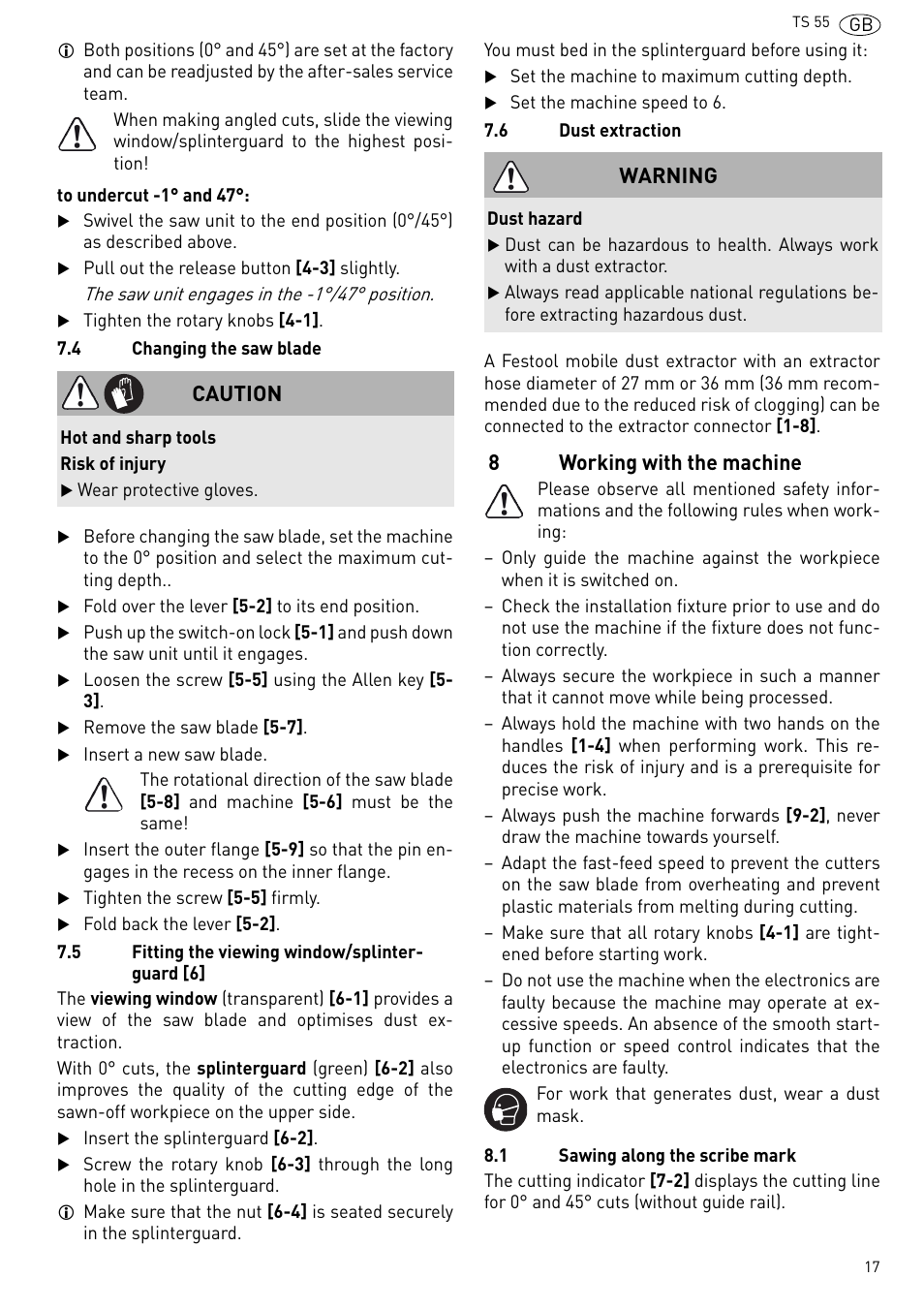 Working with the machine, 8working with the machine, Caution | Warning | Festool TS 55 R User Manual | Page 17 / 116