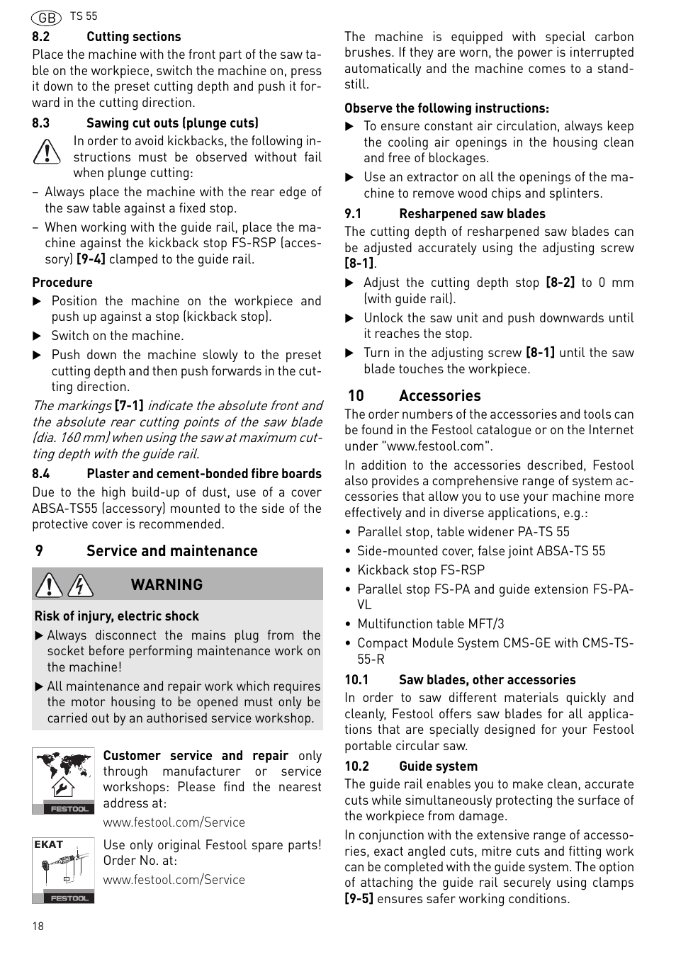 Service and maintenance, Accessories, 9service and maintenance | 10 accessories, Warning | Festool TS 55 R User Manual | Page 18 / 116
