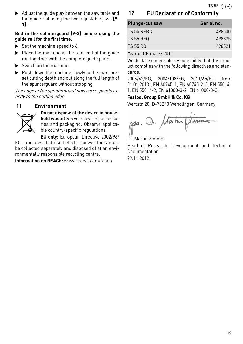 Environment, Eu declaration of conformity, 11 environment | 12 eu declaration of conformity | Festool TS 55 R User Manual | Page 19 / 116