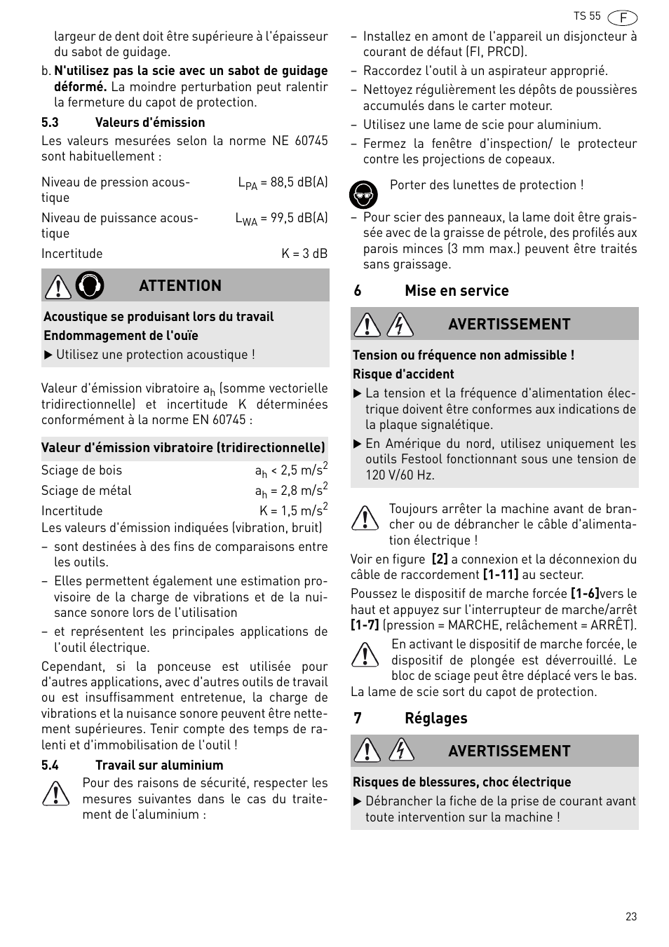 Mise en service, Réglages | Festool TS 55 R User Manual | Page 23 / 116