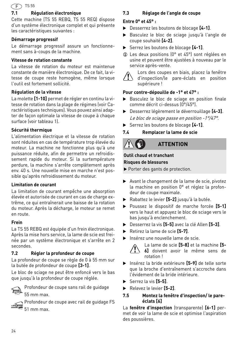 Attention | Festool TS 55 R User Manual | Page 24 / 116