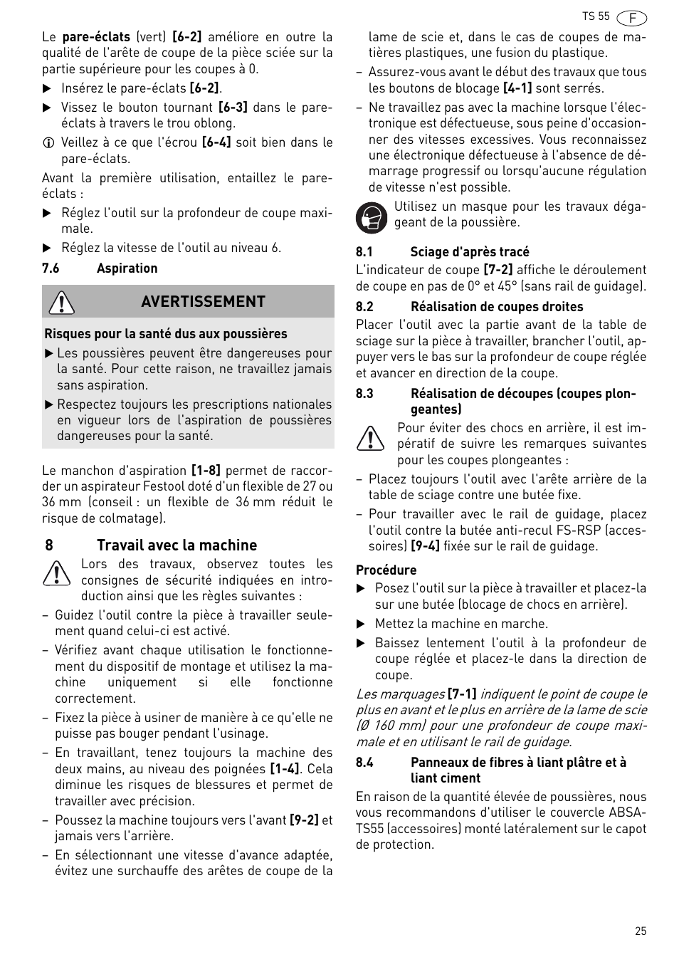 Travail avec la machine | Festool TS 55 R User Manual | Page 25 / 116