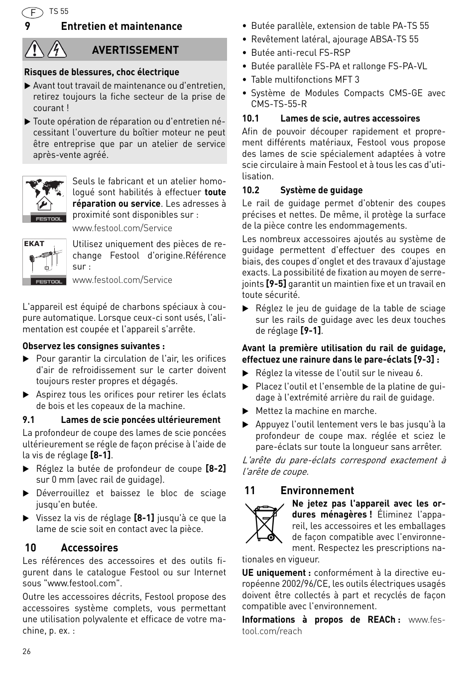 Entretien et maintenance, Accessoires, Environnement | 9entretien et maintenance, 10 accessoires, 11 environnement, Avertissement | Festool TS 55 R User Manual | Page 26 / 116