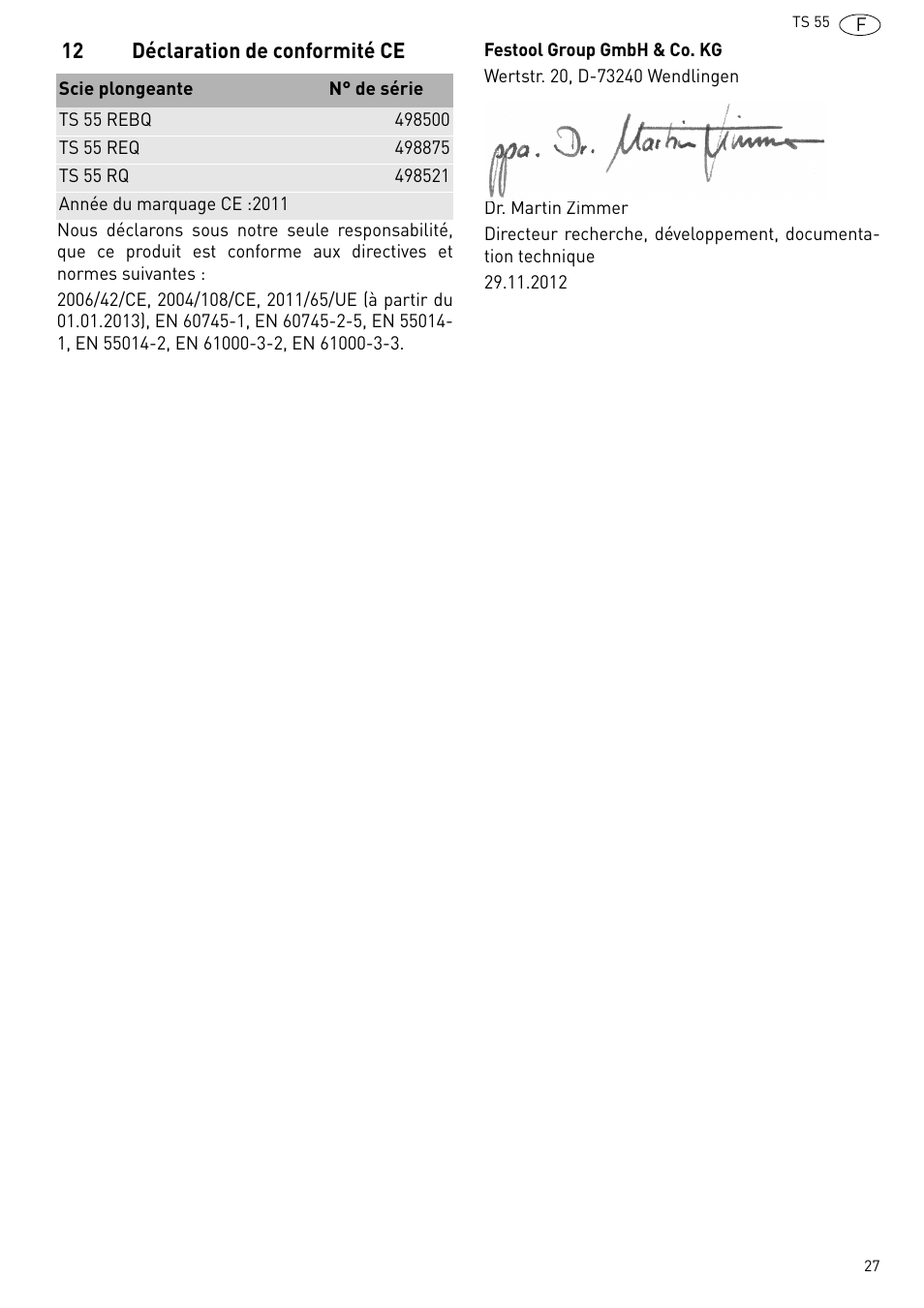 Déclaration de conformité ce | Festool TS 55 R User Manual | Page 27 / 116