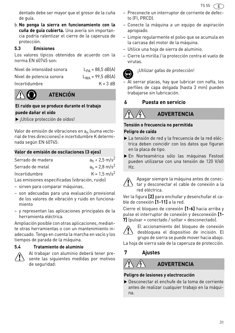 Puesta en servicio, Ajustes | Festool TS 55 R User Manual | Page 31 / 116