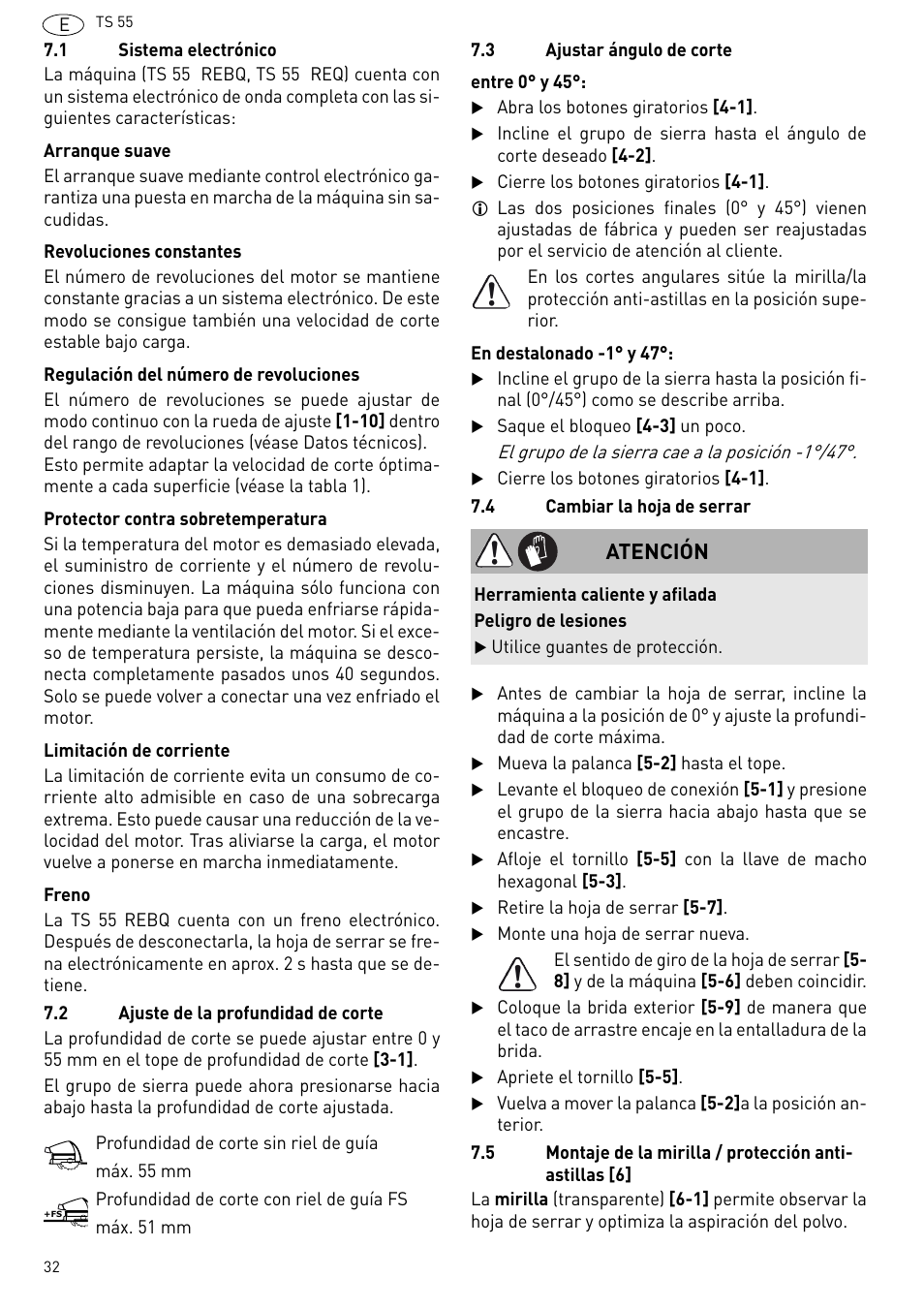 Atención | Festool TS 55 R User Manual | Page 32 / 116