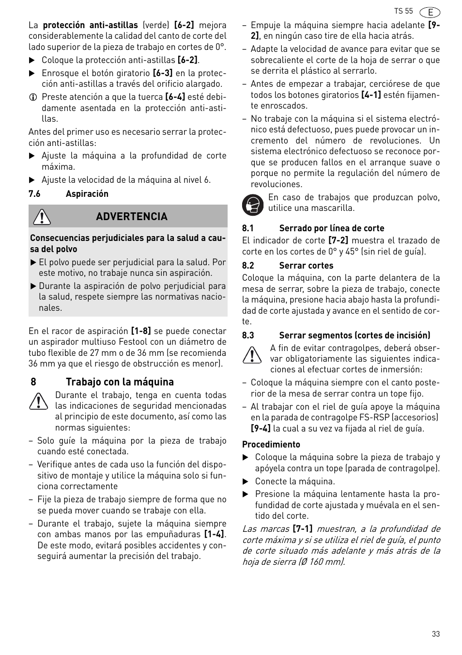 Trabajo con la máquina, 8trabajo con la máquina, Advertencia | Festool TS 55 R User Manual | Page 33 / 116