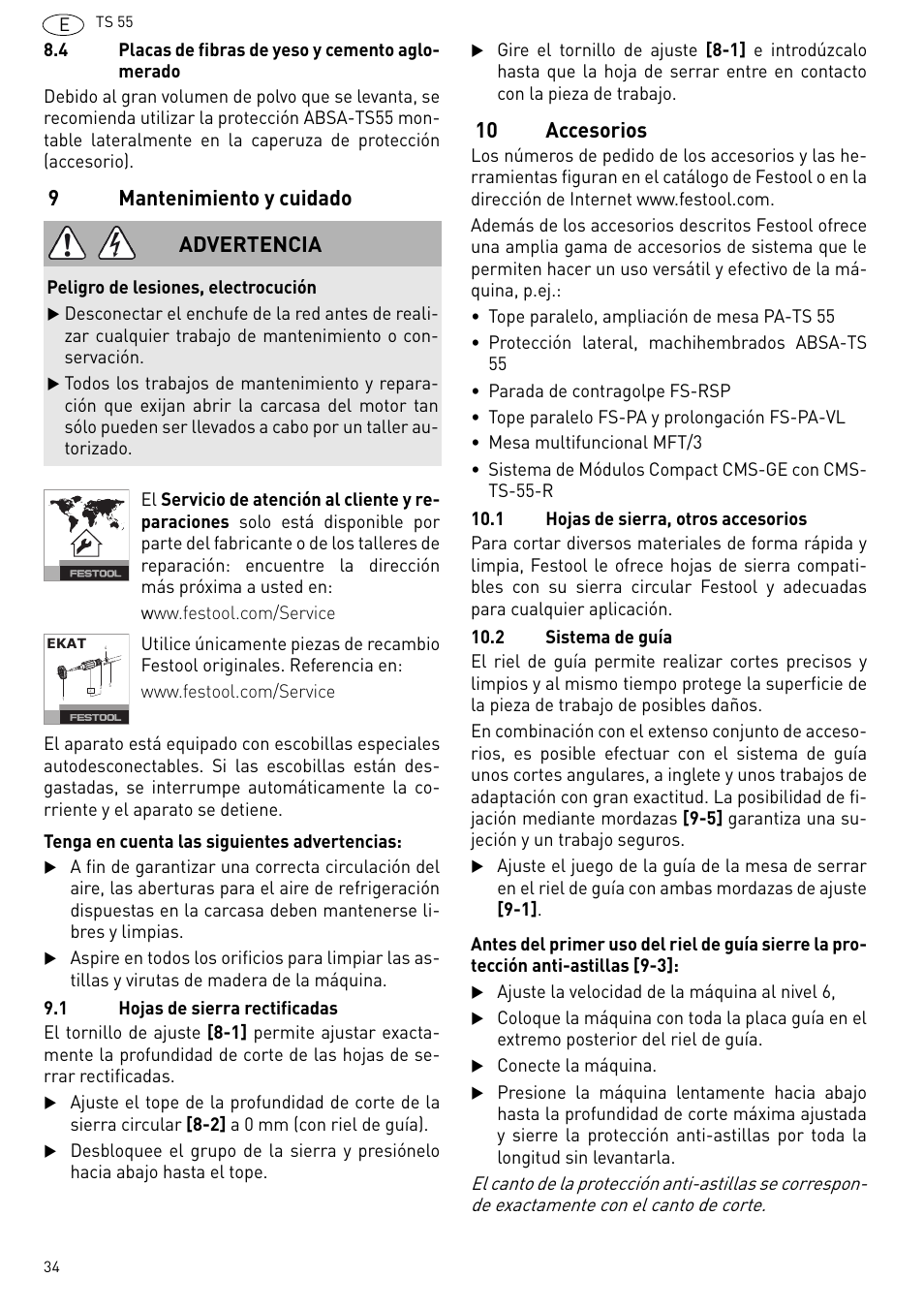 Mantenimiento y cuidado, Accesorios, 9mantenimiento y cuidado | 10 accesorios, Advertencia | Festool TS 55 R User Manual | Page 34 / 116