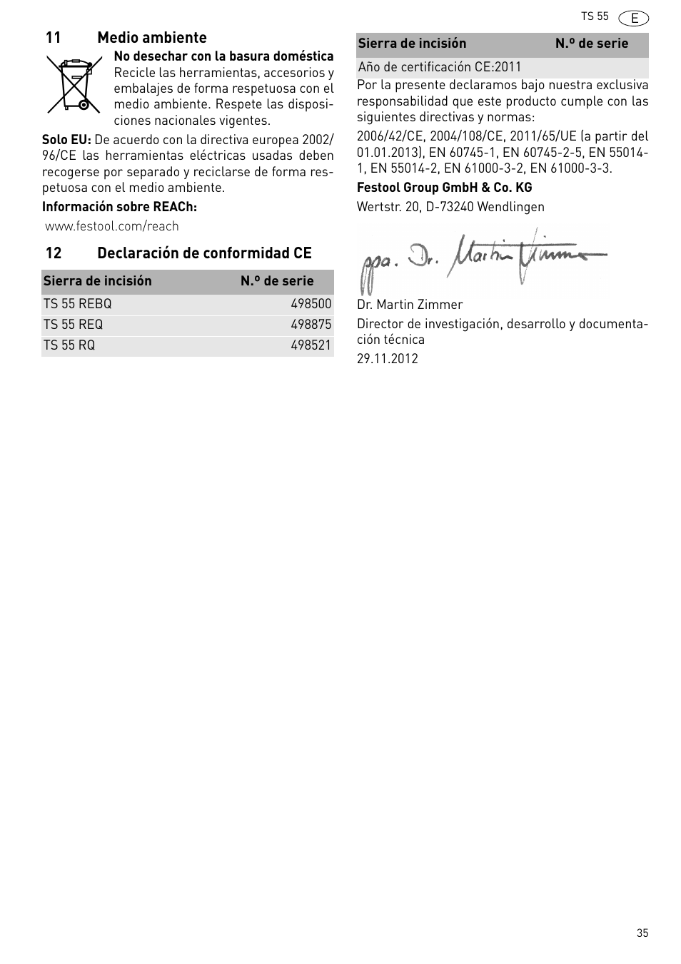 Medio ambiente, Declaración de conformidad ce | Festool TS 55 R User Manual | Page 35 / 116