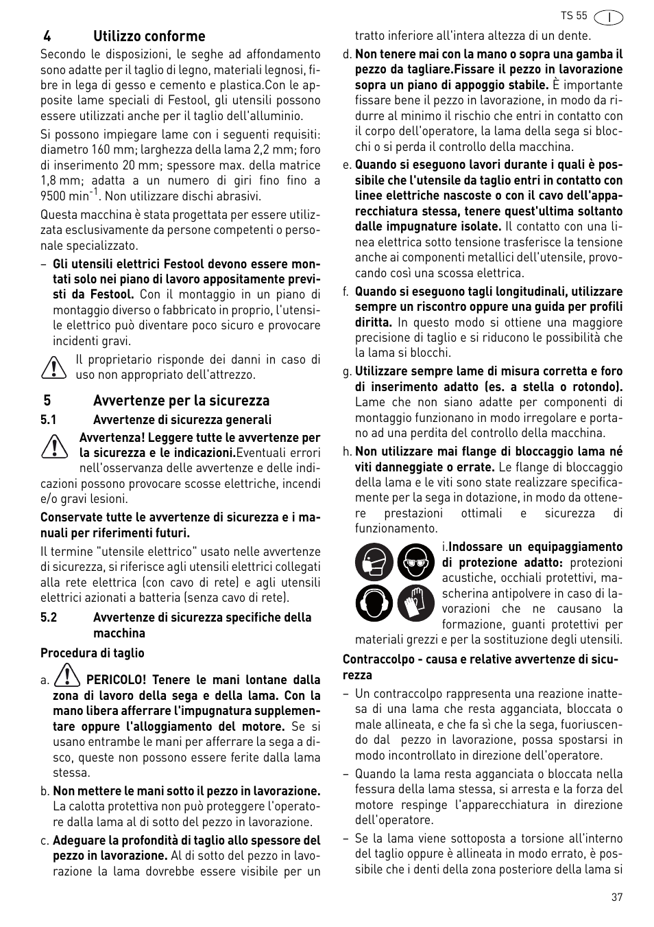 Utilizzo conforme, Avvertenze per la sicurezza | Festool TS 55 R User Manual | Page 37 / 116