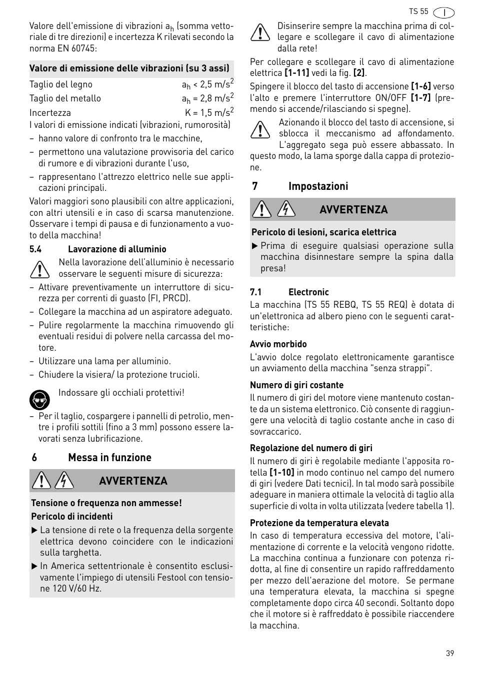 Messa in funzione, Impostazioni | Festool TS 55 R User Manual | Page 39 / 116