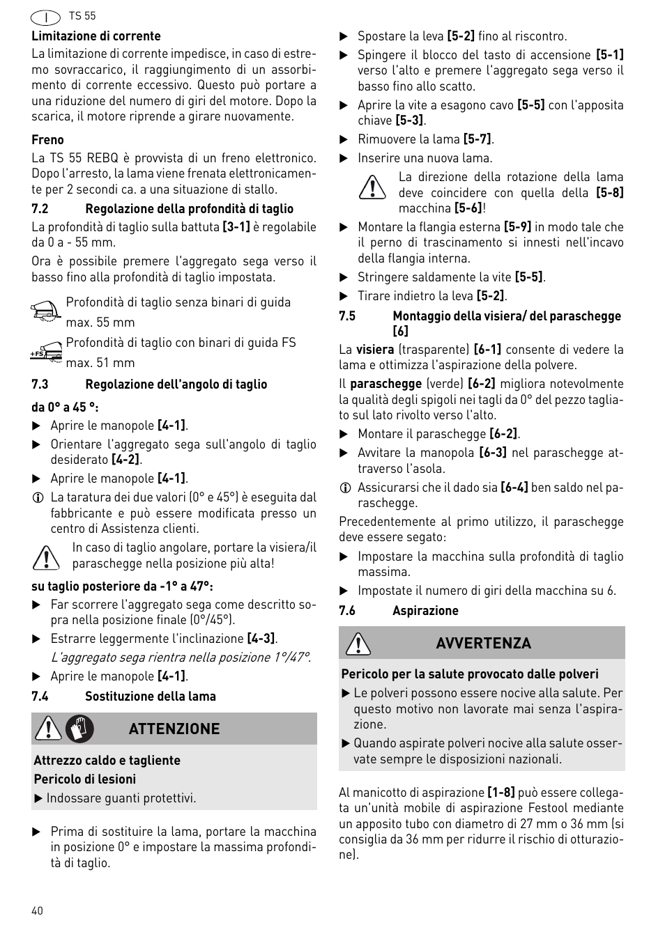 Attenzione, Avvertenza | Festool TS 55 R User Manual | Page 40 / 116