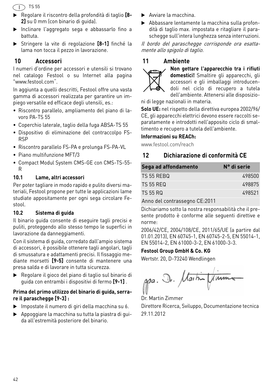 Accessori, Ambiente, Dichiarazione di conformità ce | Festool TS 55 R User Manual | Page 42 / 116