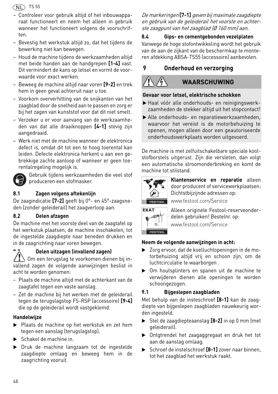 Onderhoud en verzorging, 9onderhoud en verzorging, Waarschuwing | Festool TS 55 R User Manual | Page 48 / 116