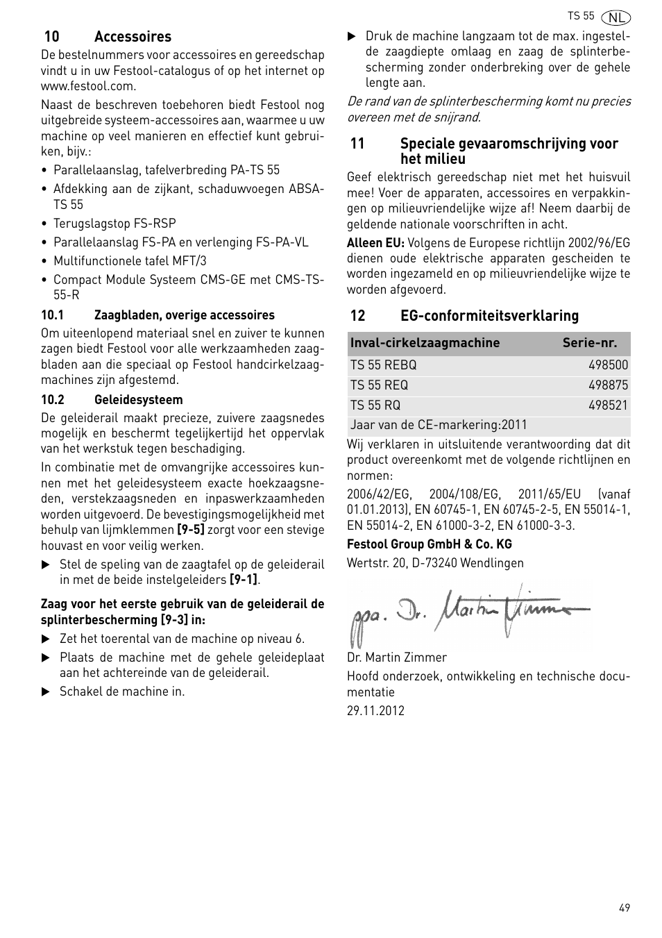Accessoires, Speciale gevaaromschrijving voor het milieu, Eg-conformiteitsverklaring | Festool TS 55 R User Manual | Page 49 / 116
