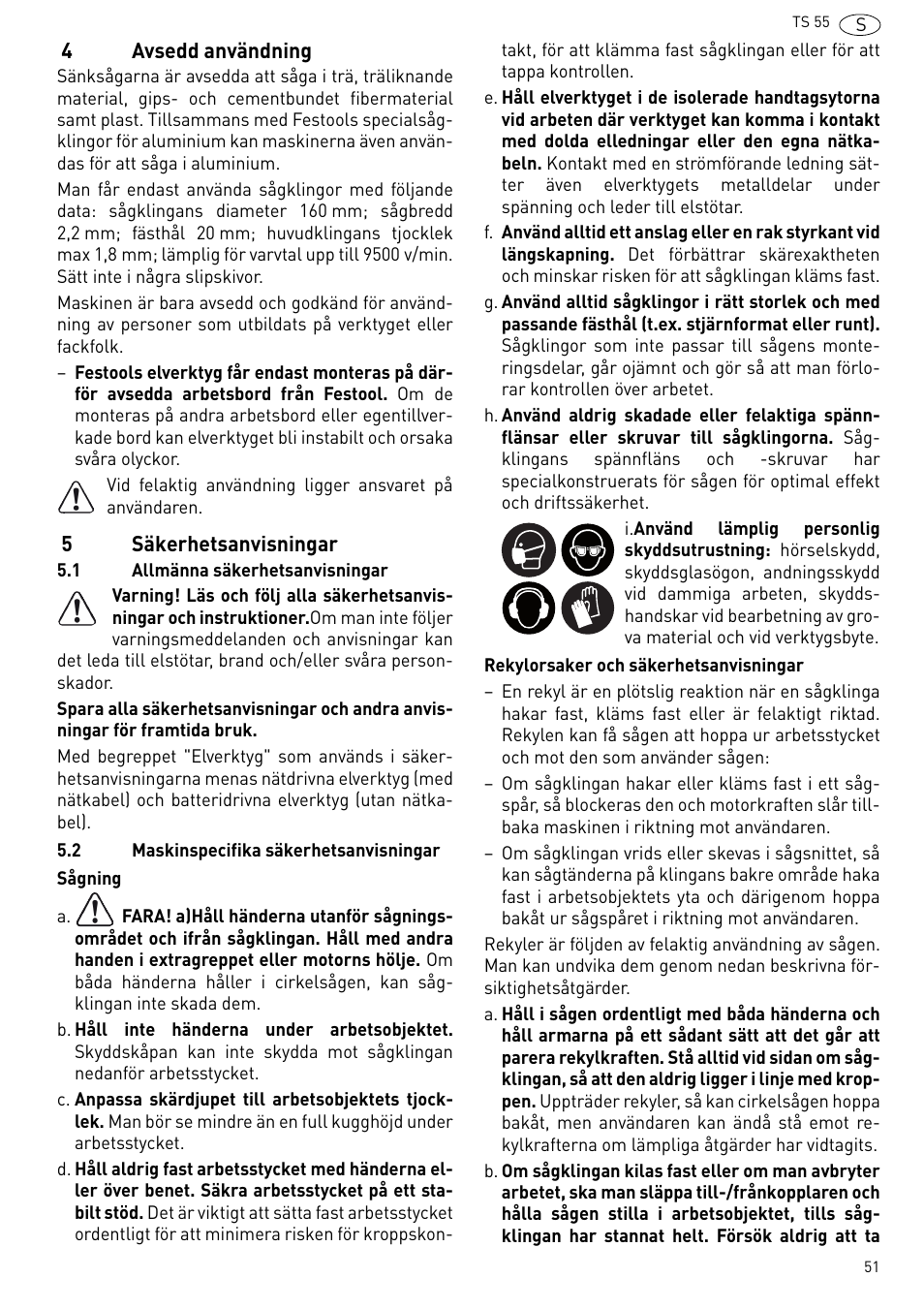 Avsedd användning, Säkerhetsanvisningar | Festool TS 55 R User Manual | Page 51 / 116