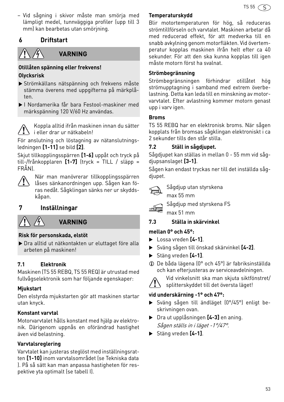 Driftstart, Inställningar, 6driftstart | 7inställningar, Varning | Festool TS 55 R User Manual | Page 53 / 116