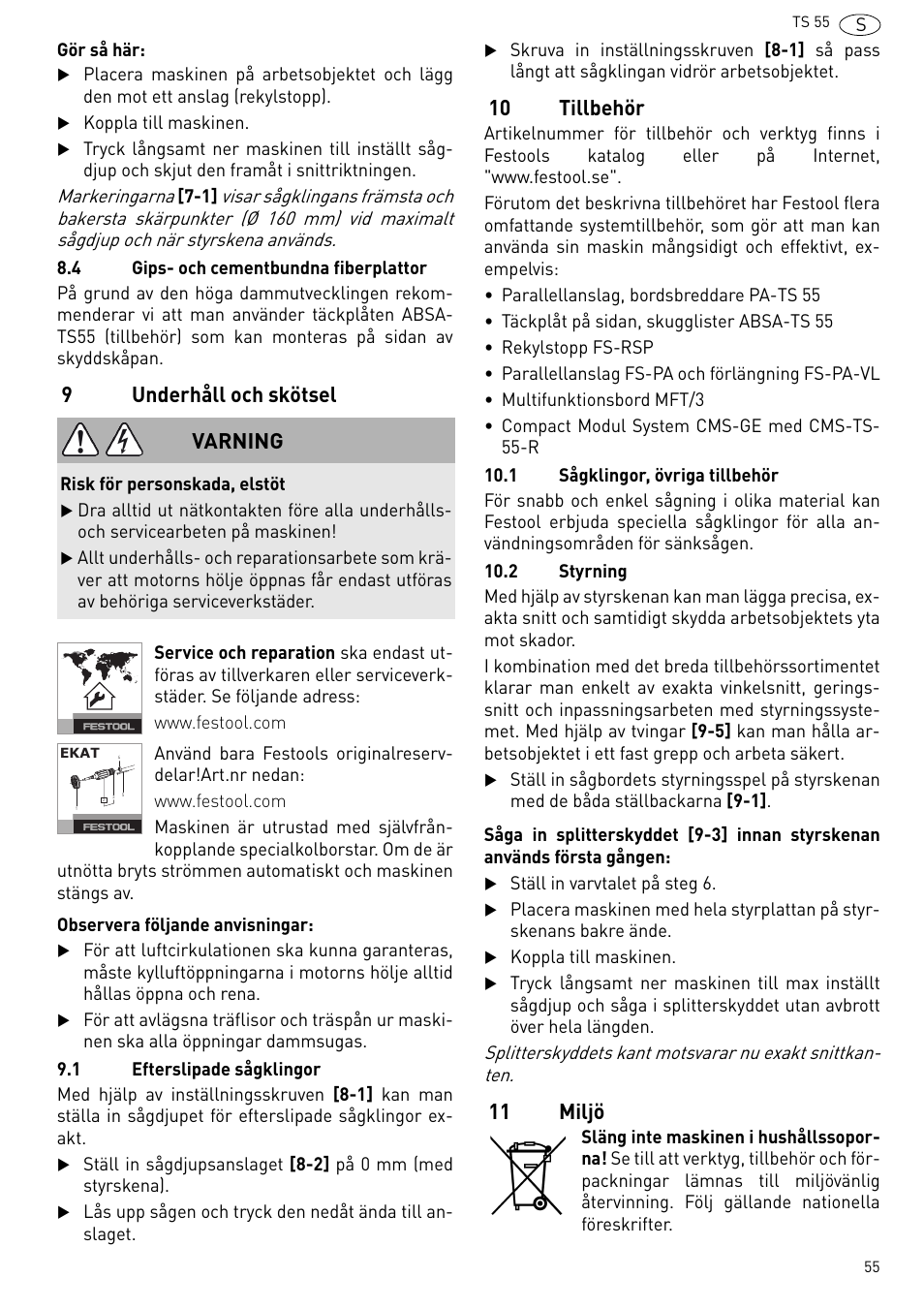 Underhåll och skötsel, Tillbehör, Miljö | 9underhåll och skötsel, 10 tillbehör, 11 miljö, Varning | Festool TS 55 R User Manual | Page 55 / 116