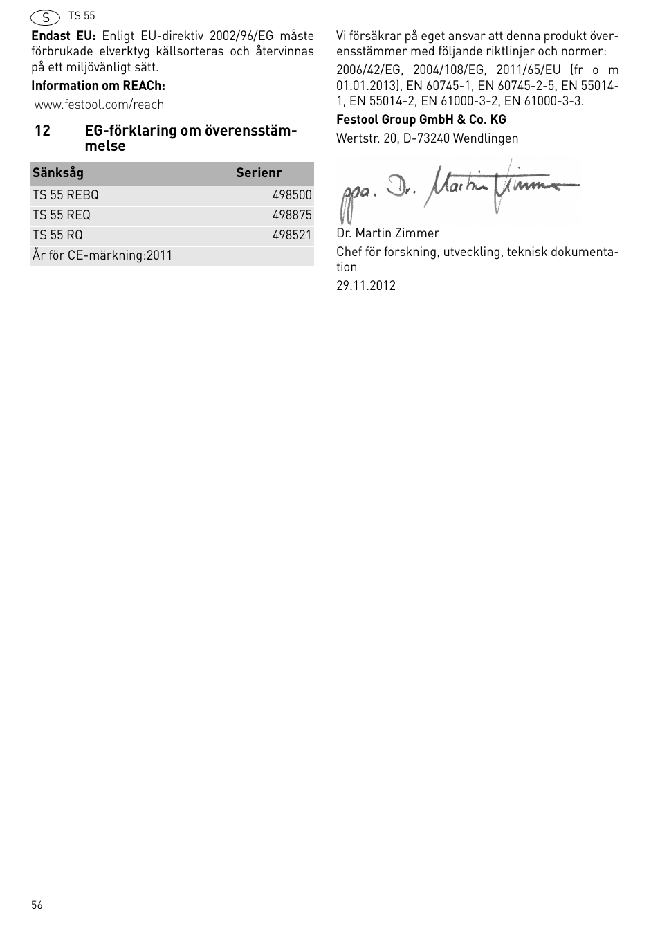 Eg-förklaring om överensstämmelse | Festool TS 55 R User Manual | Page 56 / 116