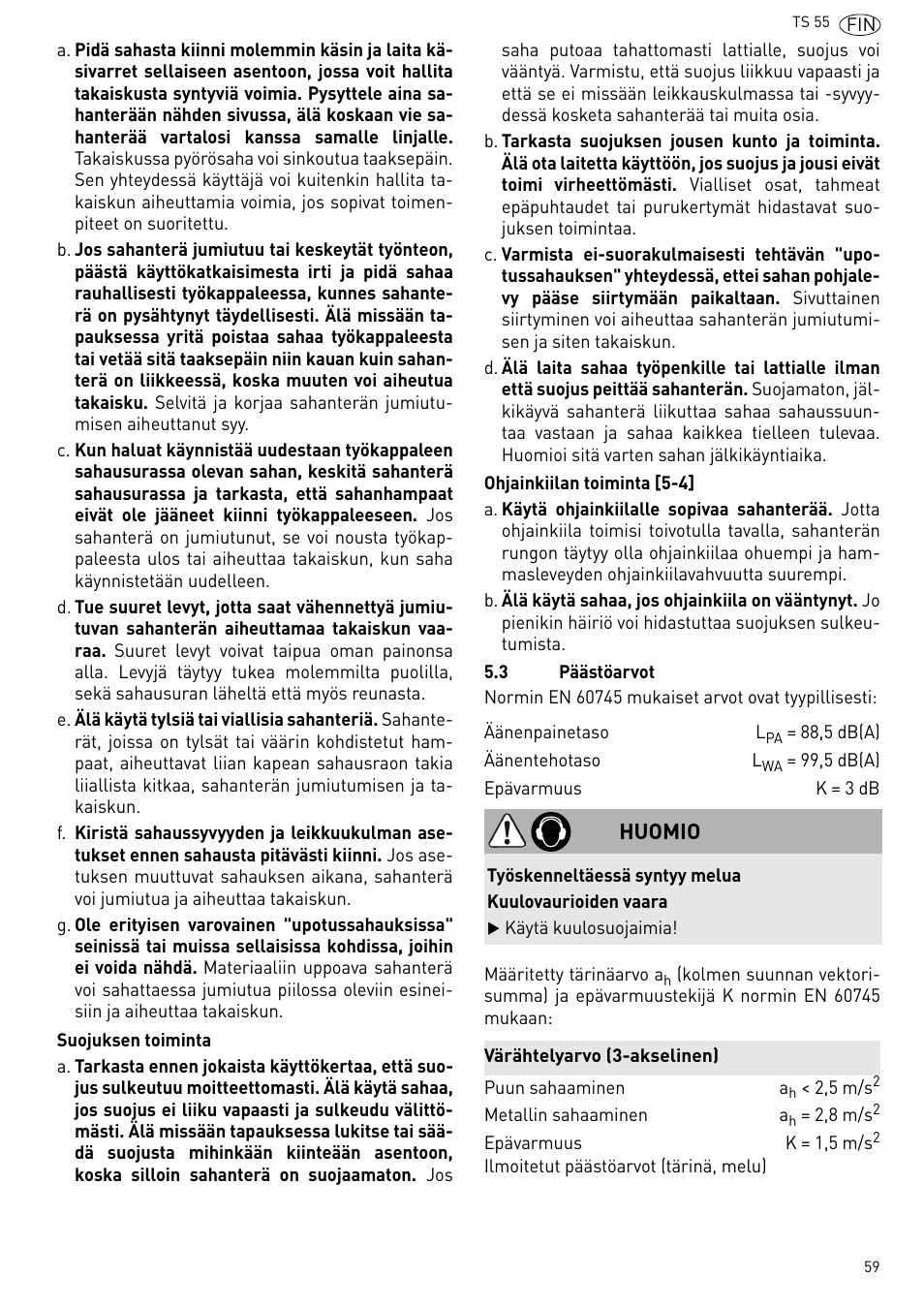 Huomio | Festool TS 55 R User Manual | Page 59 / 116