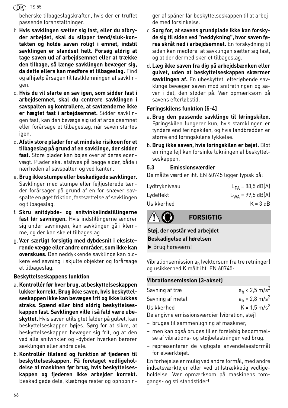 Forsigtig | Festool TS 55 R User Manual | Page 66 / 116