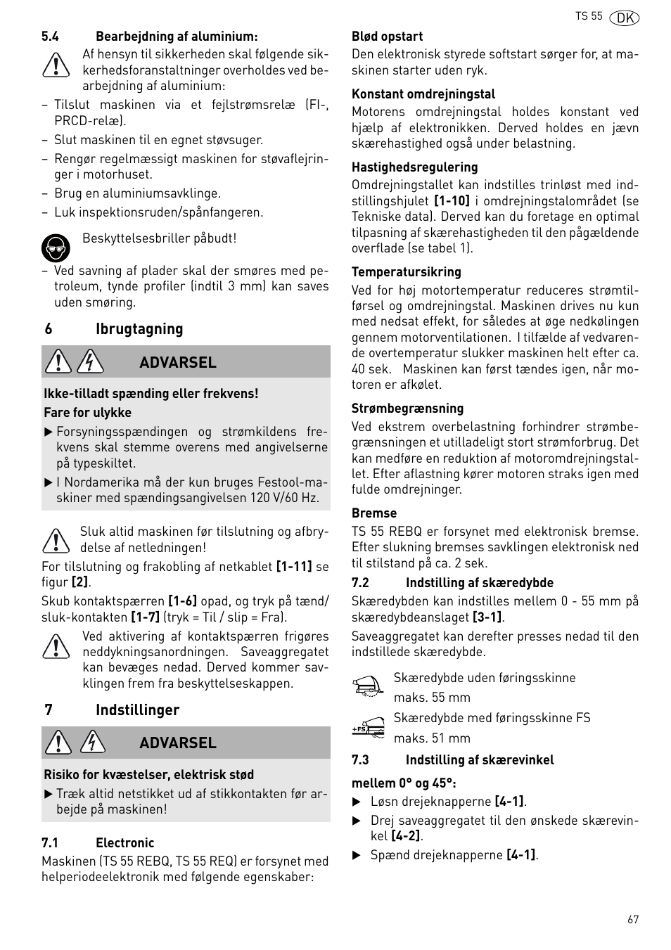 Ibrugtagning, Indstillinger | Festool TS 55 R User Manual | Page 67 / 116