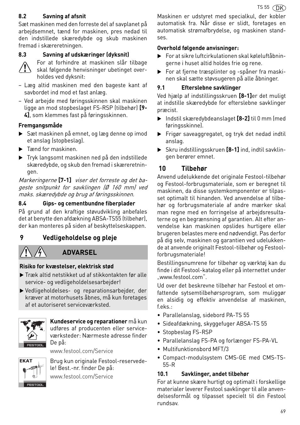 Vedligeholdelse og pleje, Tilbehør, 9vedligeholdelse og pleje | 10 tilbehør, Advarsel | Festool TS 55 R User Manual | Page 69 / 116