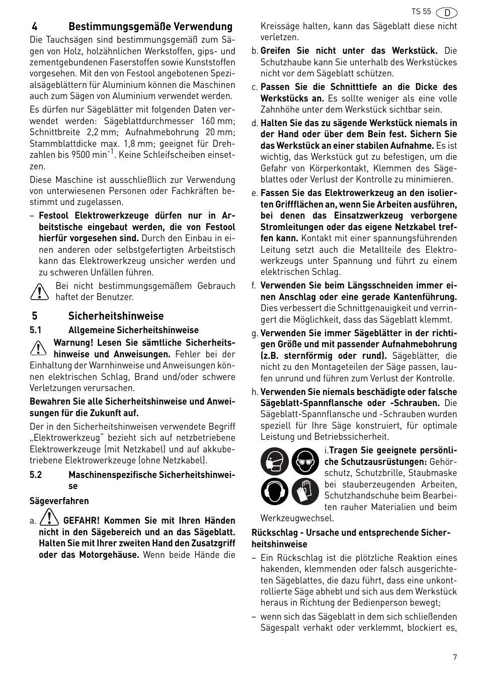 Bestimmungsgemäße verwendung, Sicherheitshinweise | Festool TS 55 R User Manual | Page 7 / 116