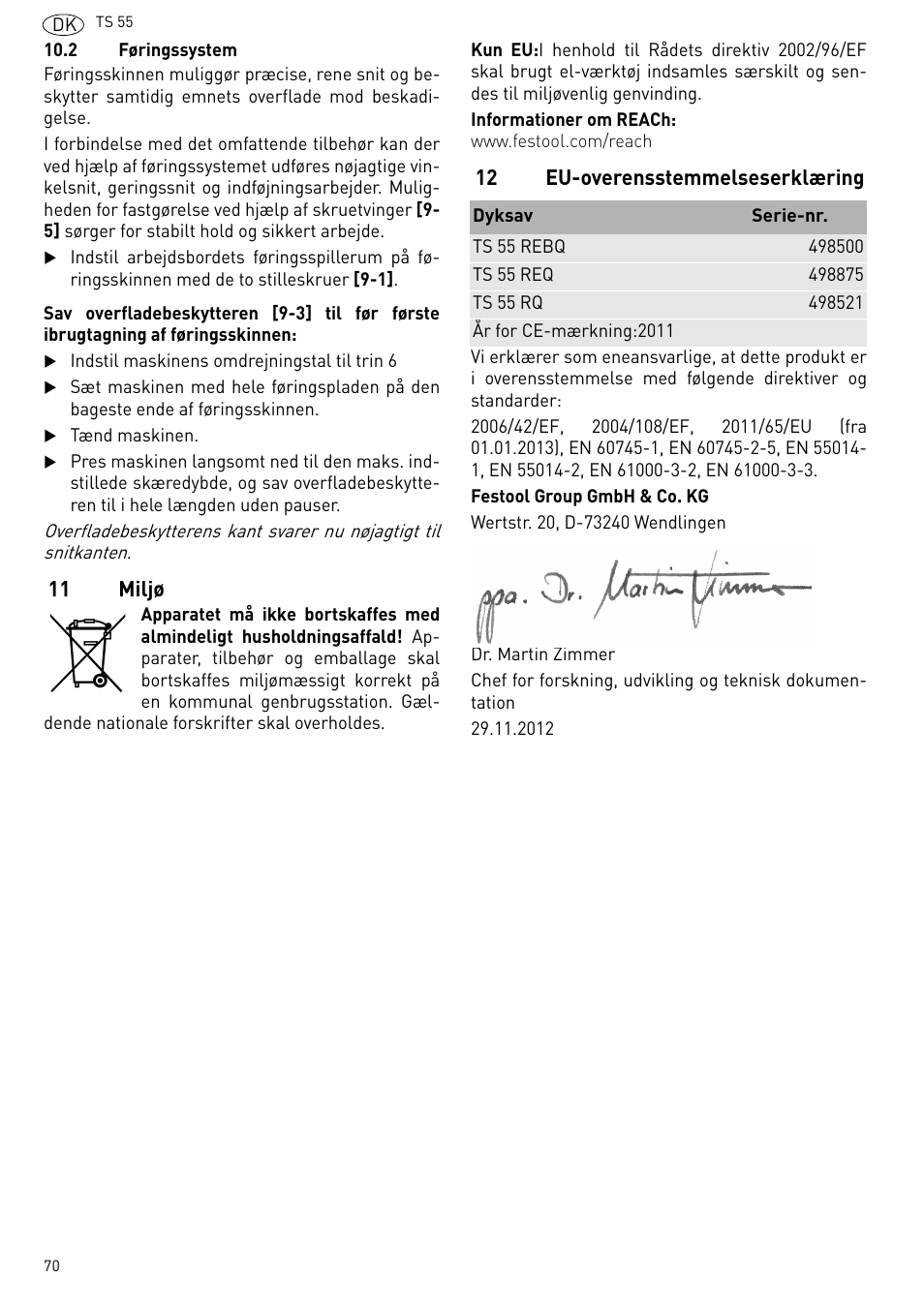 Miljø, Eu-overensstemmelseserklæring | Festool TS 55 R User Manual | Page 70 / 116